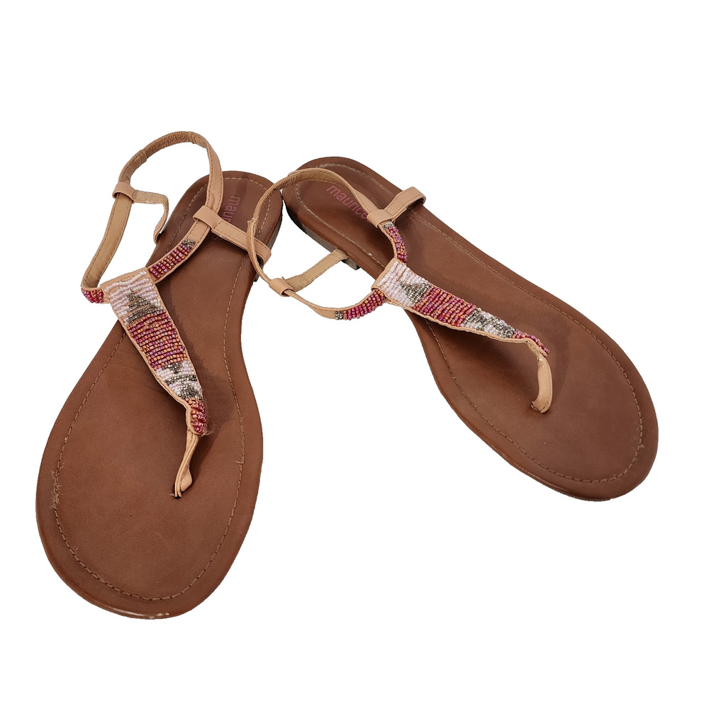 Maurices Womens Beaded T Strap Flat Sandals Thong Brown Pink Size 11 Ankle Strap